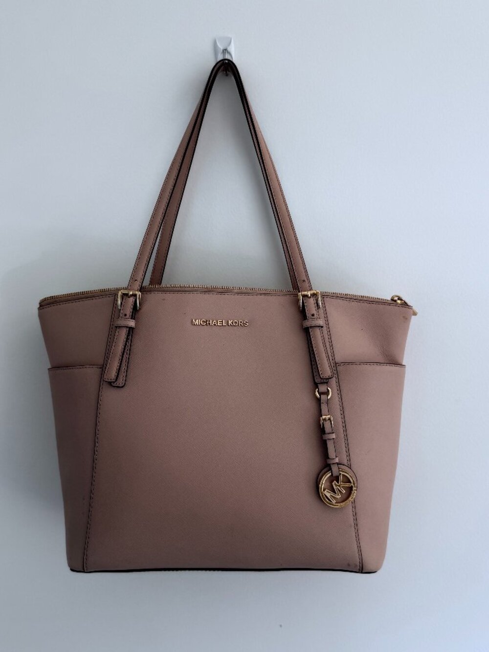 Michael Kors Jet Set Saffiano Leather Zip Top Tote Bag | Blush Pink / Rose Gold